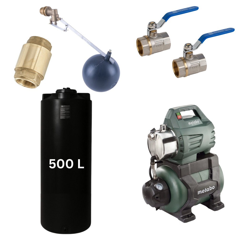 Set „Pitka voda 500L“ #2 sa spremnikom za vodu Mavil (crna, vodoravna) i hidrofornom pumpom Metabo | Spremnici za pitku vodu |  |