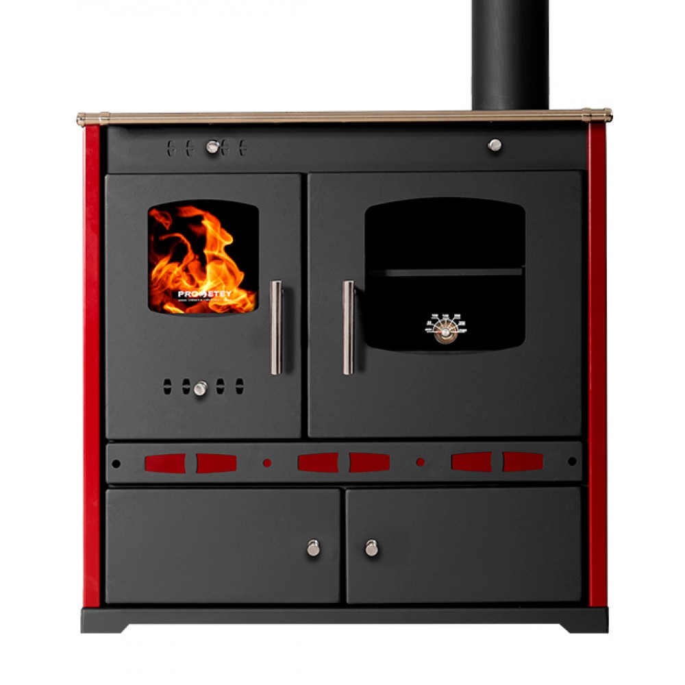 Štednjak na drva Prometey Perfect Eco Lux s desnim dimnjakom, bordo, 7.5kW |  |  |