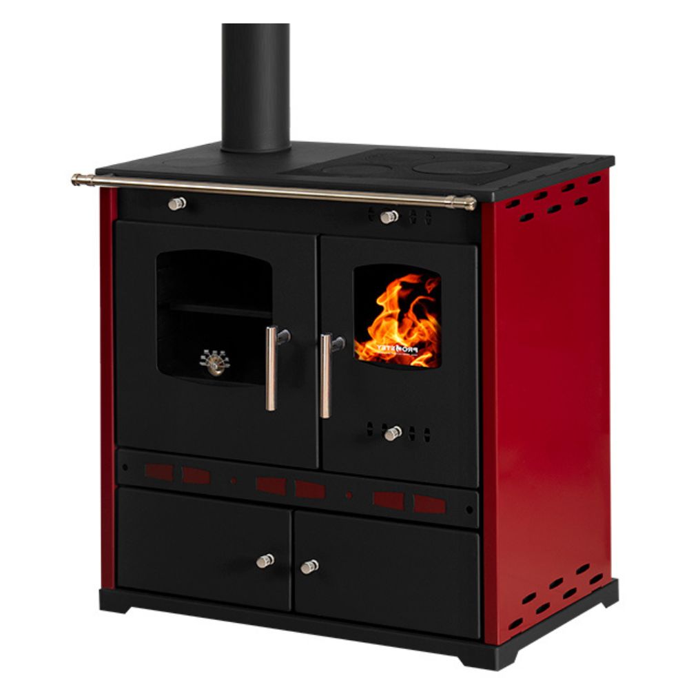 Štednjak na drva Prometey Perfect Eco Lux s lijevim dimnjakom, bordo, 7.5kW |  |  |