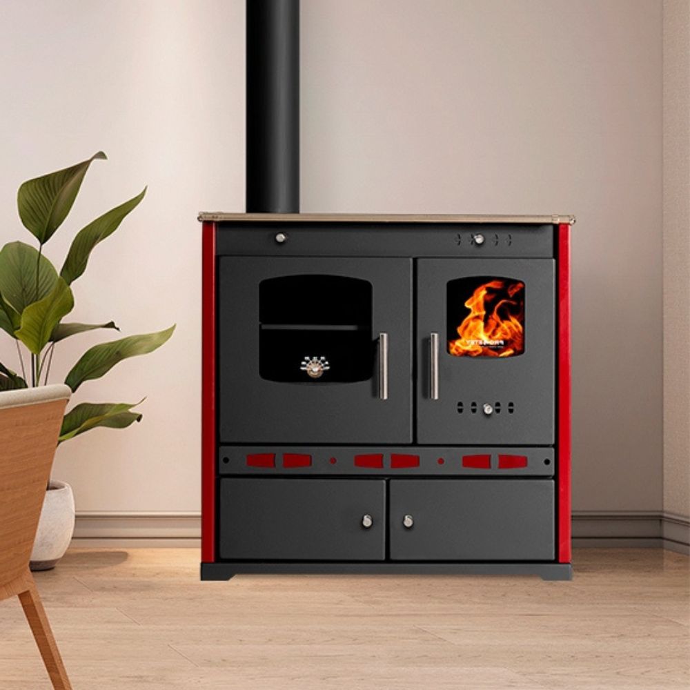 Štednjak na drva Prometey Perfect Eco Lux s lijevim dimnjakom, bordo, 7.5kW |  |  |