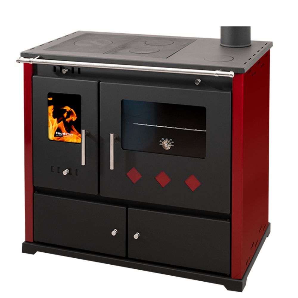 Štednjak na drva Prometey Perfect Practik Lux s desnim dimnjakom, bordo, 9.5kW |  |  |