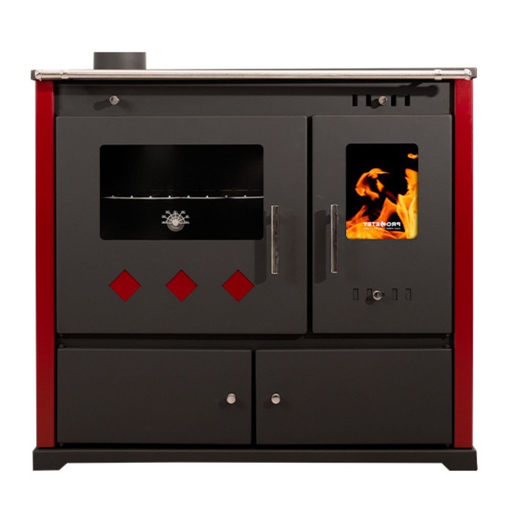 Štednjak na drva Prometey Perfect Practik Lux s lijevim dimnjakom, bordo, 9.5kW |  |  |