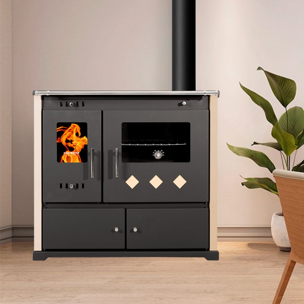 Štednjak na drva Prometey Perfect Practik Lux sa staklokeramičkom pločom, dimnjak desni, slonovača, 9.5kW | Peći na drva za kuhanje i grijanje | Peći na drva |