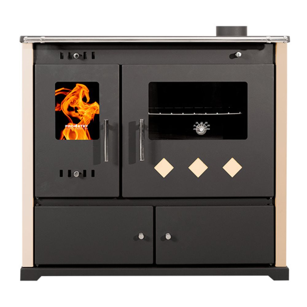 Štednjak na drva Prometey Perfect Practik Lux, slonova kost, desni dimnjak, 9.5kW |  |  |