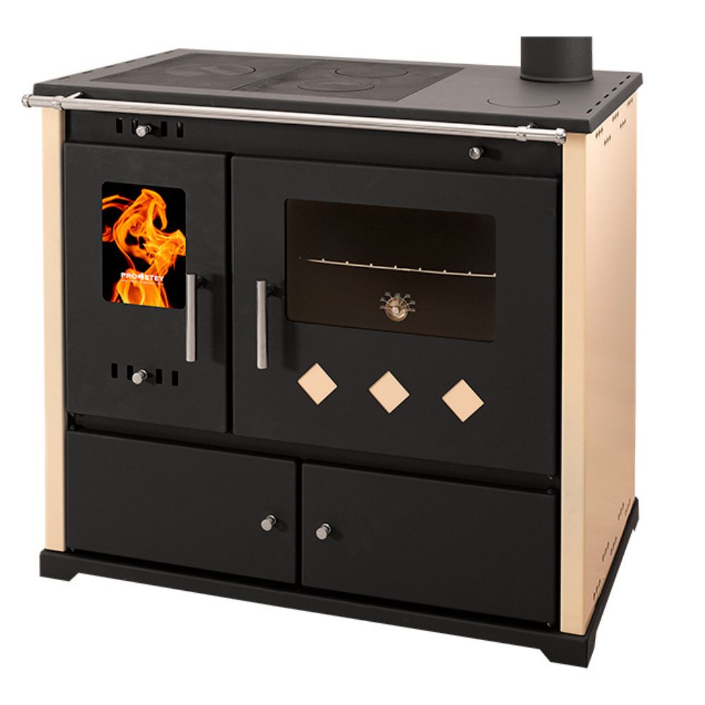 Štednjak na drva Prometey Perfect Practik Lux, slonova kost, desni dimnjak, 9.5kW |  |  |